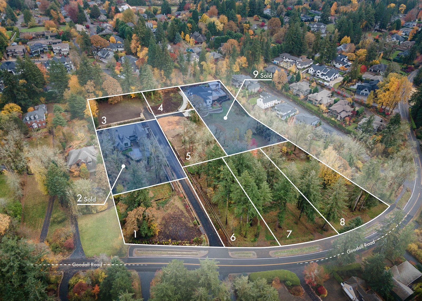 Goodall Road building lots, Lake Oswego, aerial with parcel boundaries